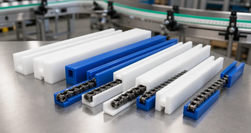 Custom UHMW plastic chain guides and guide rail profiles with compatible roller chains