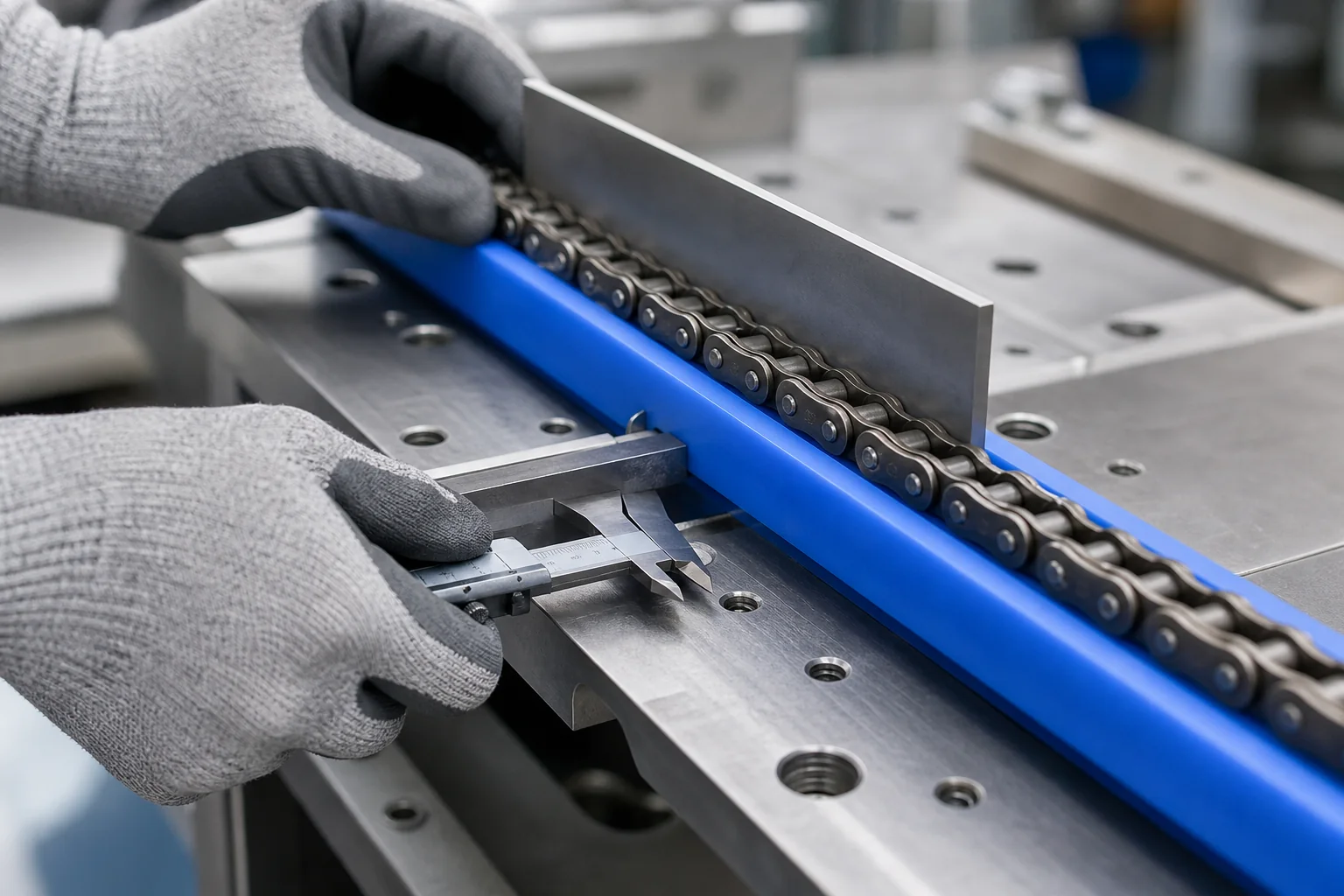 Plastic Chain Guides Manufacturer: Profiles, Materials and RFQ Guide Roller chain side clearance and alignment inspection in a blue UHMW chain guide