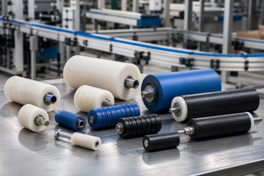 Custom plastic rollers in nylon, acetal and engineering plastic on an industrial inspection bench