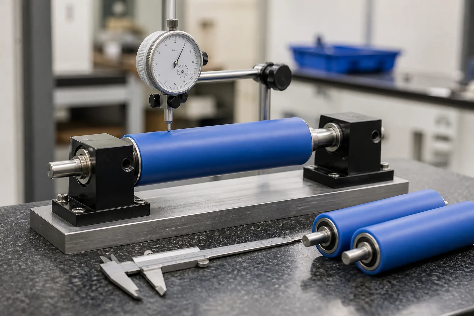 Plastic Rollers Manufacturer: Materials, Bearings and RFQ Guide Dial indicator inspection of radial runout on a blue custom plastic roller assembly