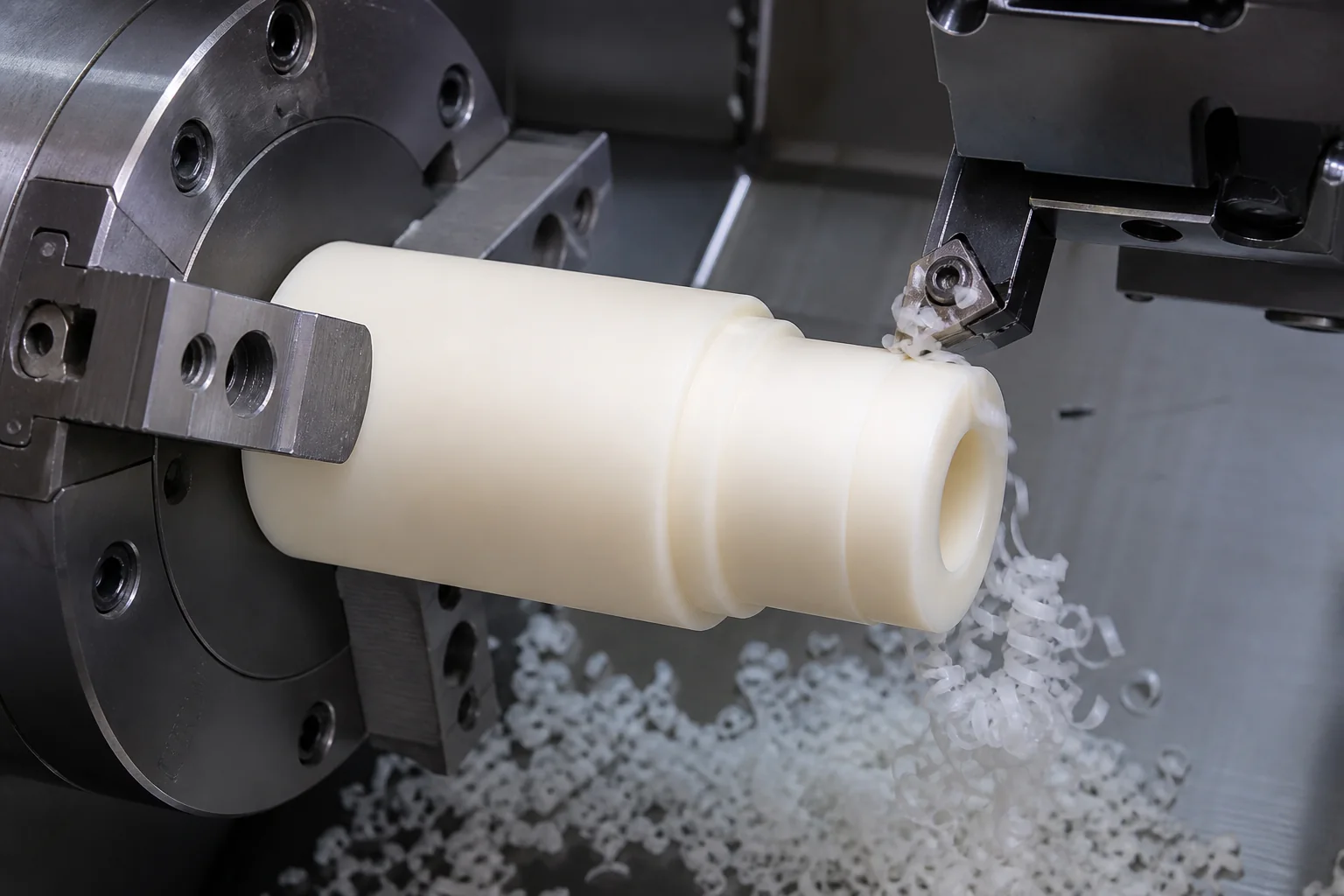 Plastic Rollers Manufacturer: Materials, Bearings and RFQ Guide CNC turning a white engineering plastic roller with controlled outside diameter and face geometry