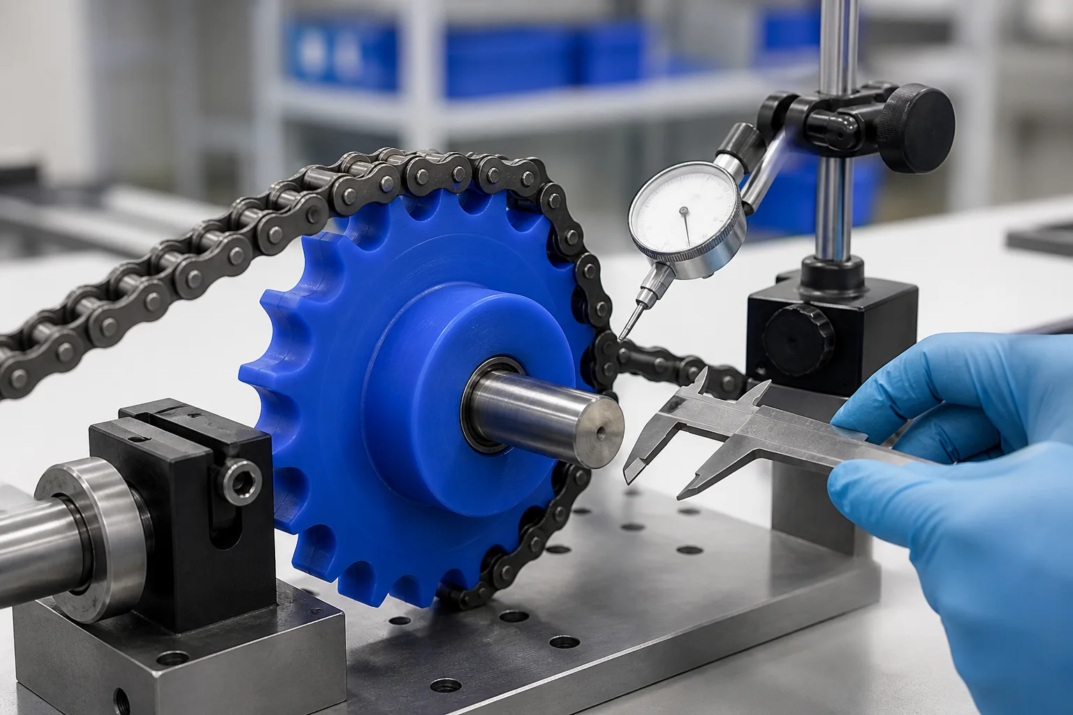 Plastic Sprocket Manufacturer: Chain Fit, Materials and RFQ Guide Plastic sprocket chain engagement and bore alignment inspection with precision measuring tools