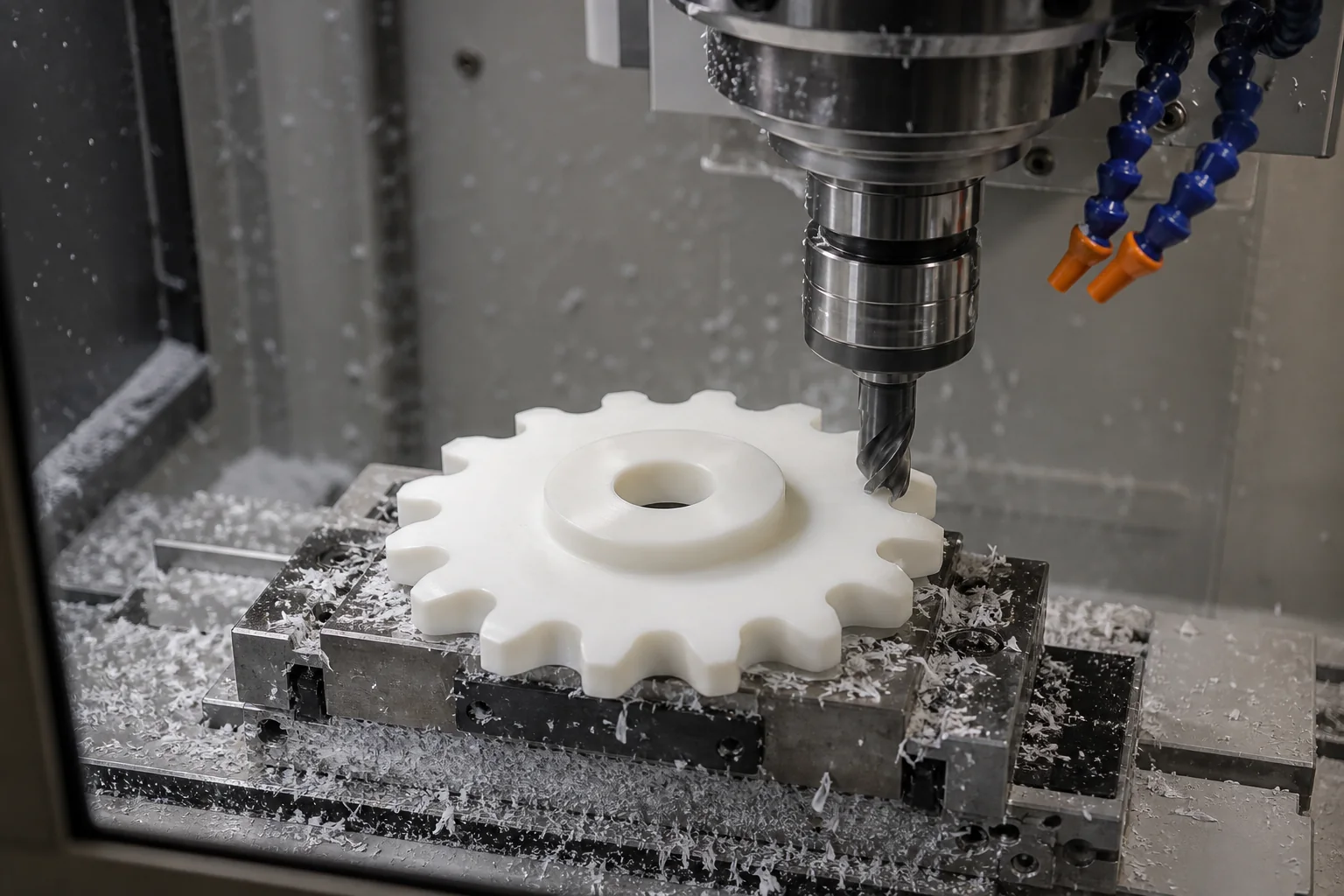 Plastic Sprocket Manufacturer: Chain Fit, Materials and RFQ Guide CNC milling the chain tooth profile of a white engineering plastic sprocket blank