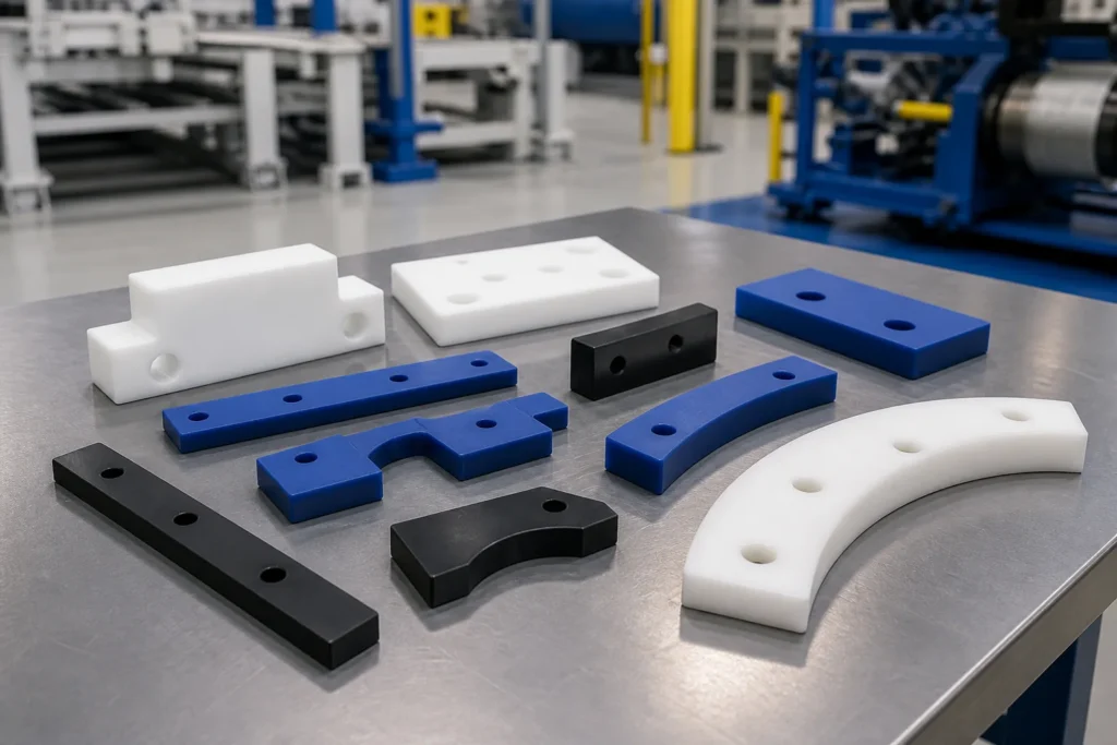 Custom UHMW, nylon and engineering plastic wear pads arranged on an industrial inspection bench