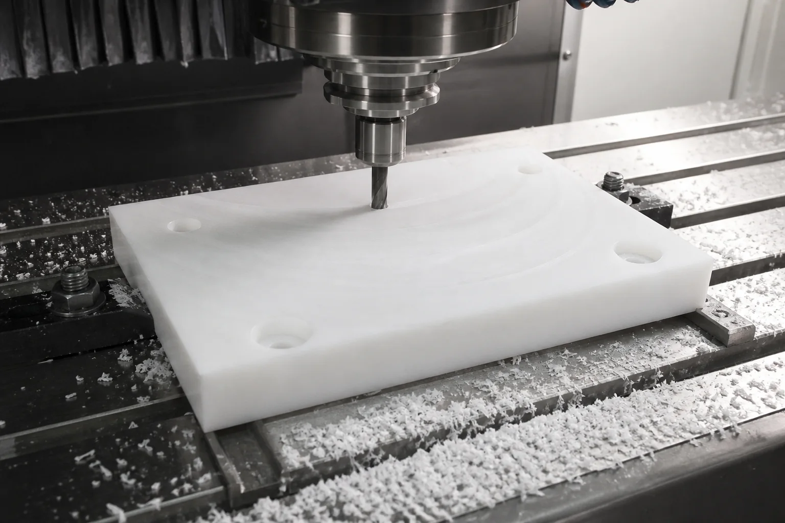 Plastic Wear Pads Manufacturer: Materials, Design and RFQ Guide CNC machining a white UHMW plastic wear pad with counterbored mounting holes