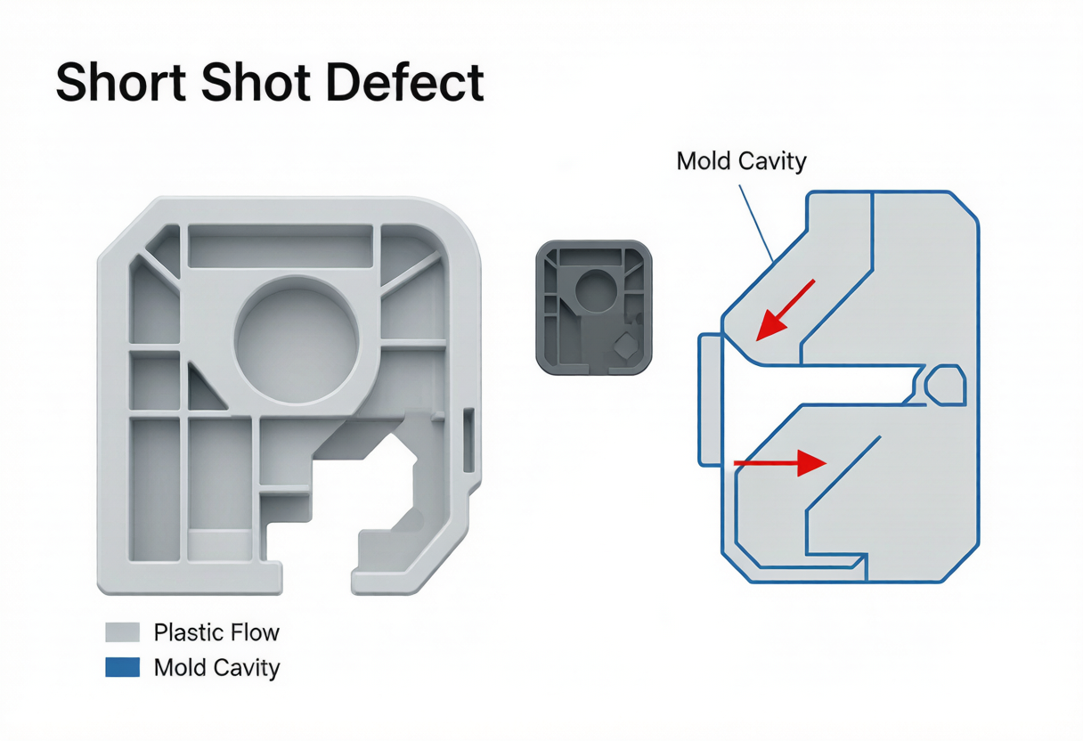 Short shot injection molding defect comparison incomplete vs complete plastic part fill