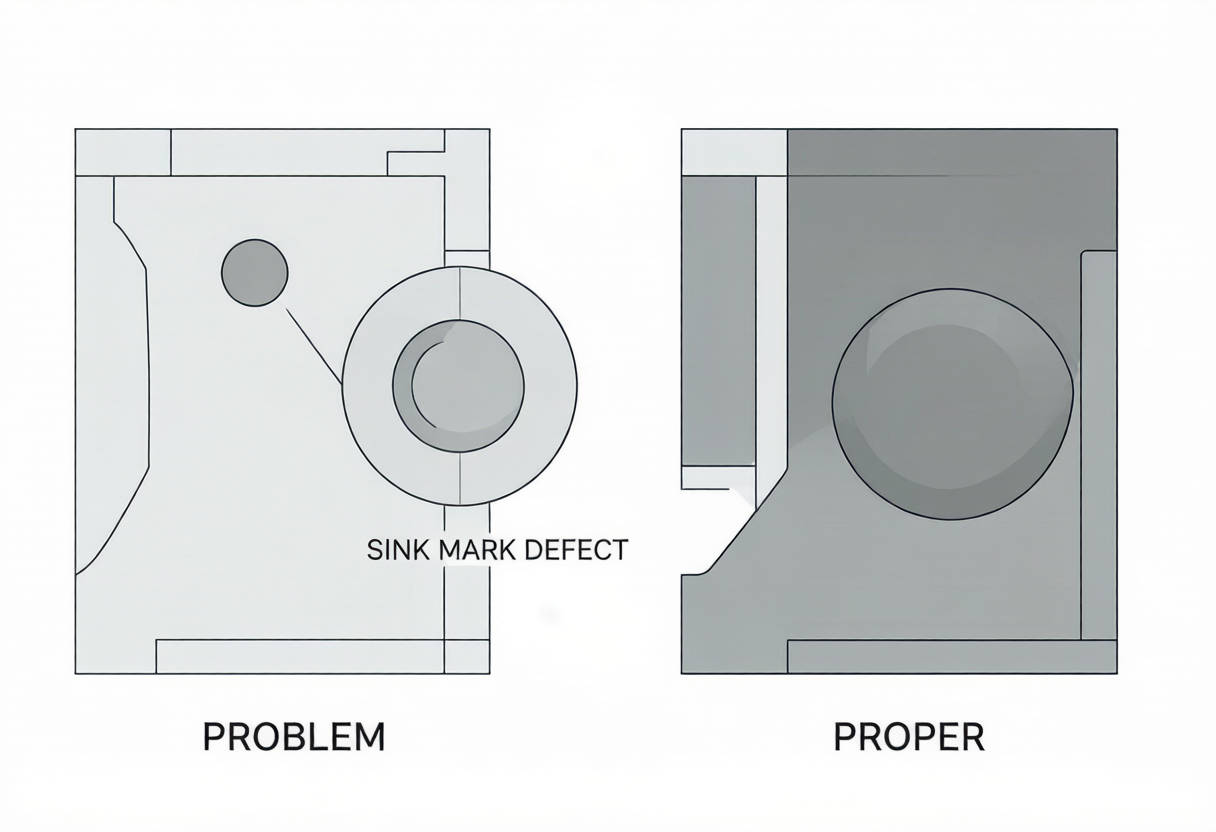 Sink marks surface depression on thick-walled injection molded parts with uniform wall design solution