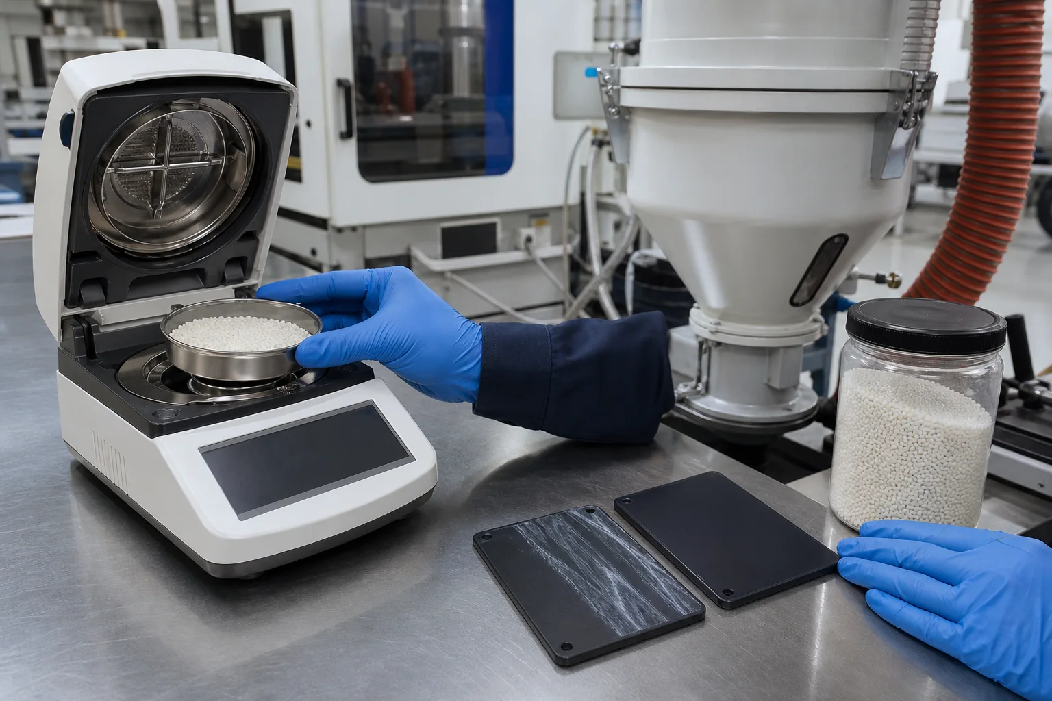 Quality engineer checking nylon pellet moisture and dryer settings beside injection molded parts with silver splay marks