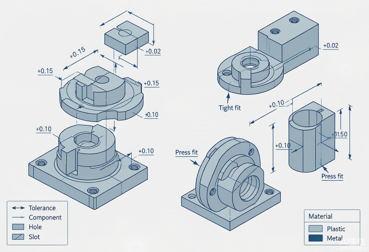 Plastic part tolerance stack-up analysis diagram with assembled components and dimension arrows