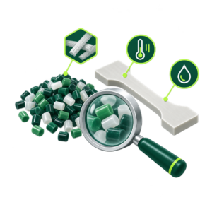 Illustration of engineering plastic pellets, a test coupon and review symbols