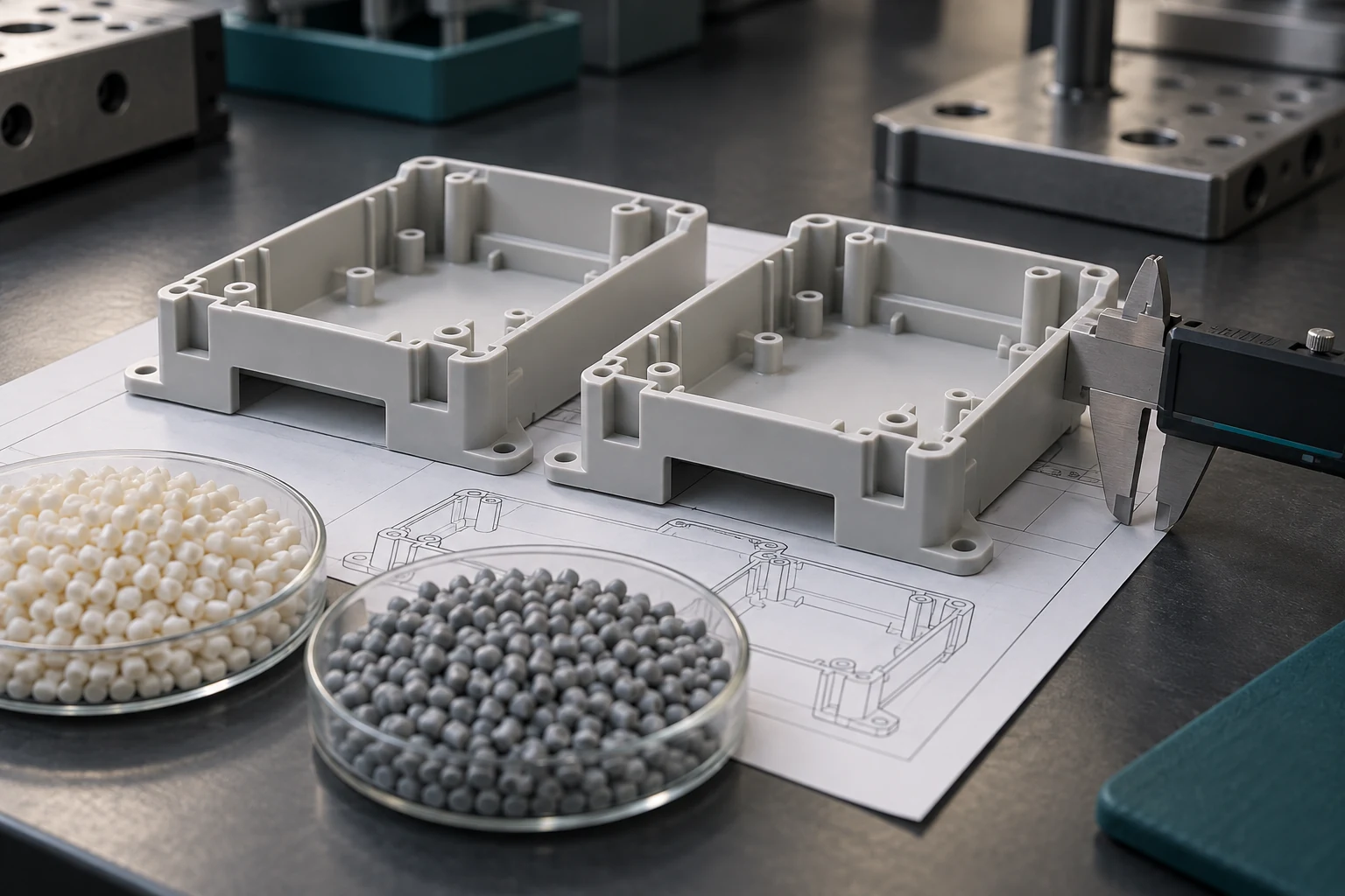 Two comparable plastic housings beside material samples, a drawing and caliper