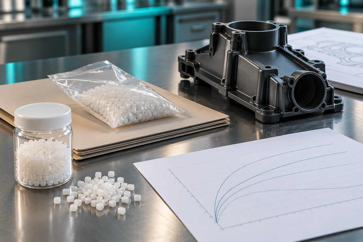 Engineering plastic pellets and a molded part beside unmarked technical documents