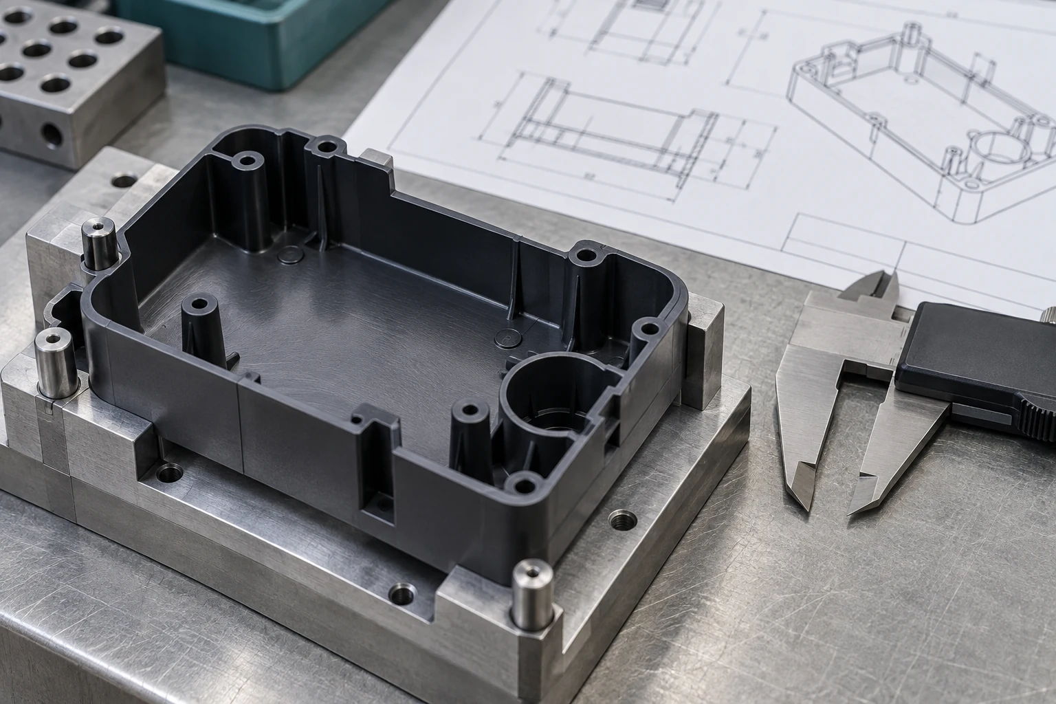 Plastic trial housing in a measuring fixture beside drawing and caliper