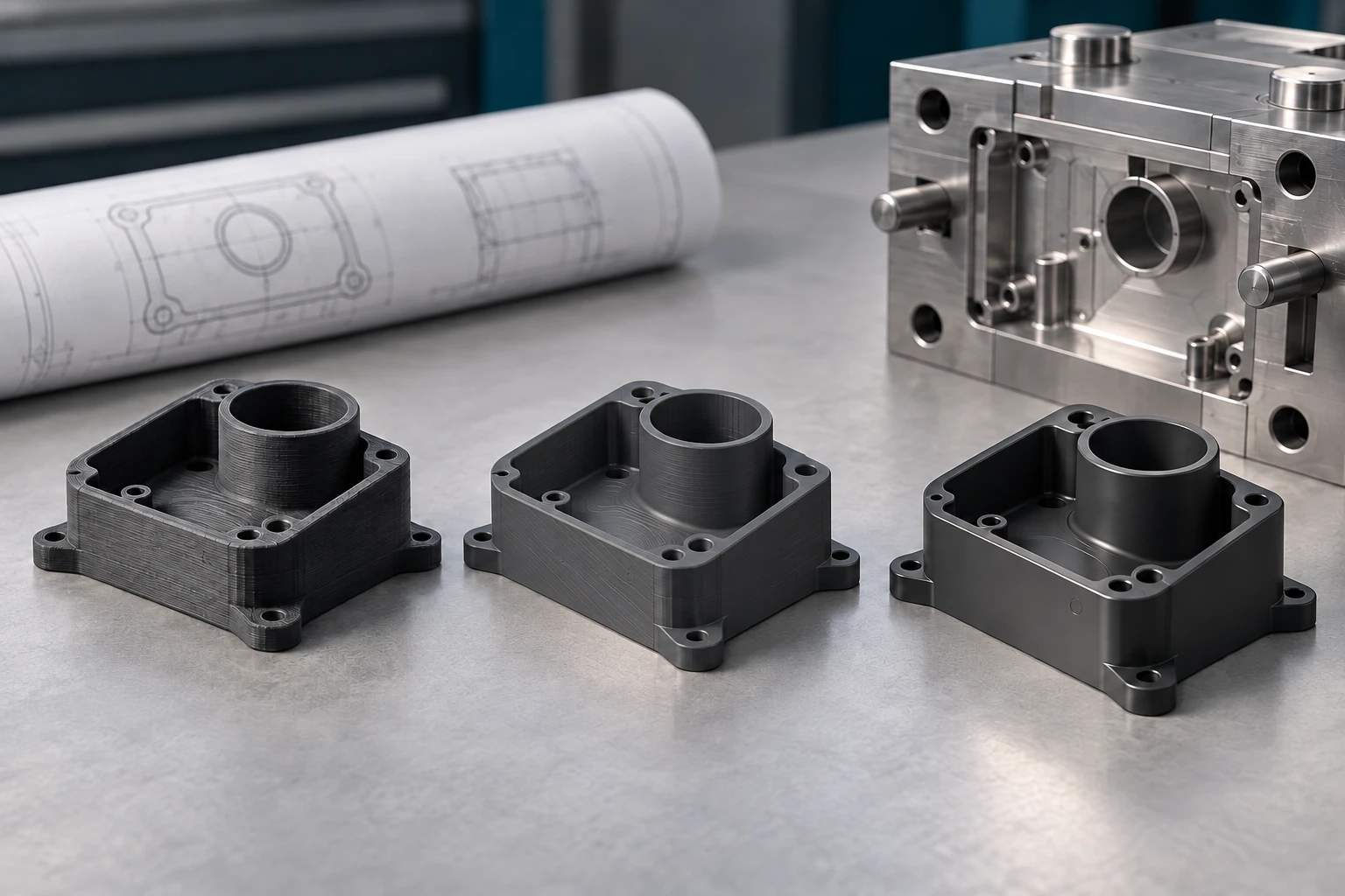 Three plastic housing versions beside a drawing and injection mold