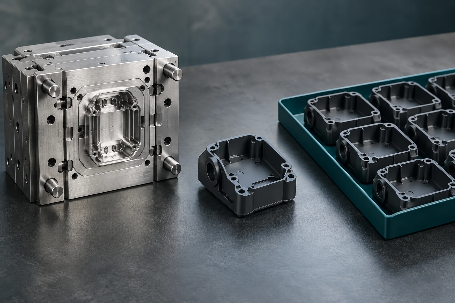 Injection mold beside a plastic housing and a tray of molded samples