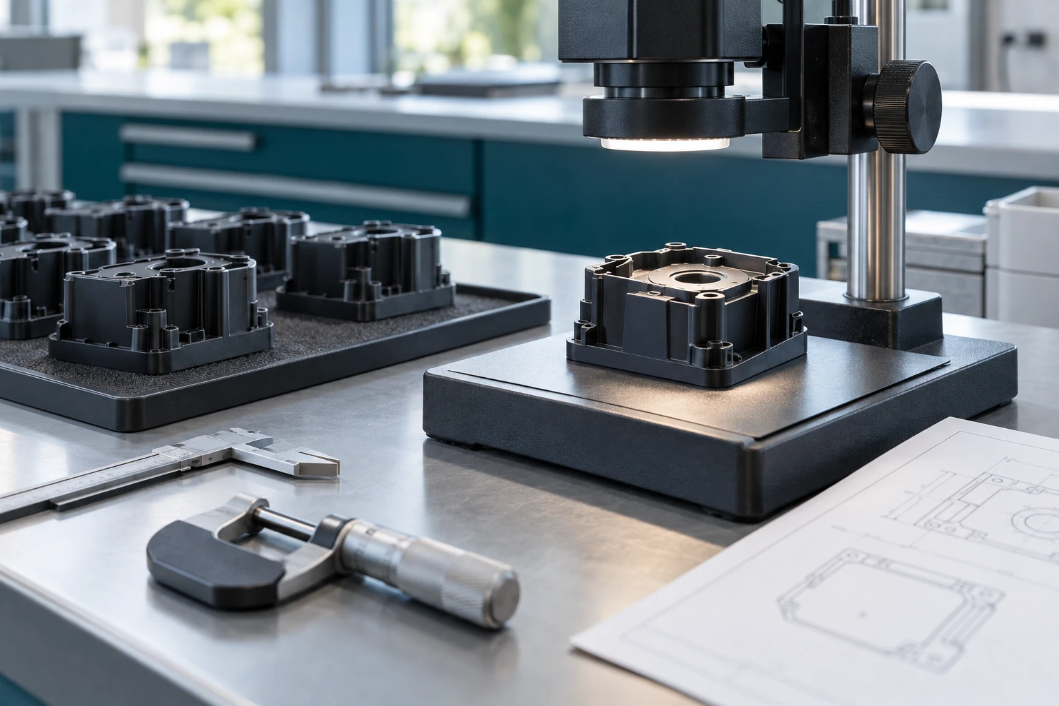 Plastic housing under an inspection scope with sample parts and measuring tools nearby
