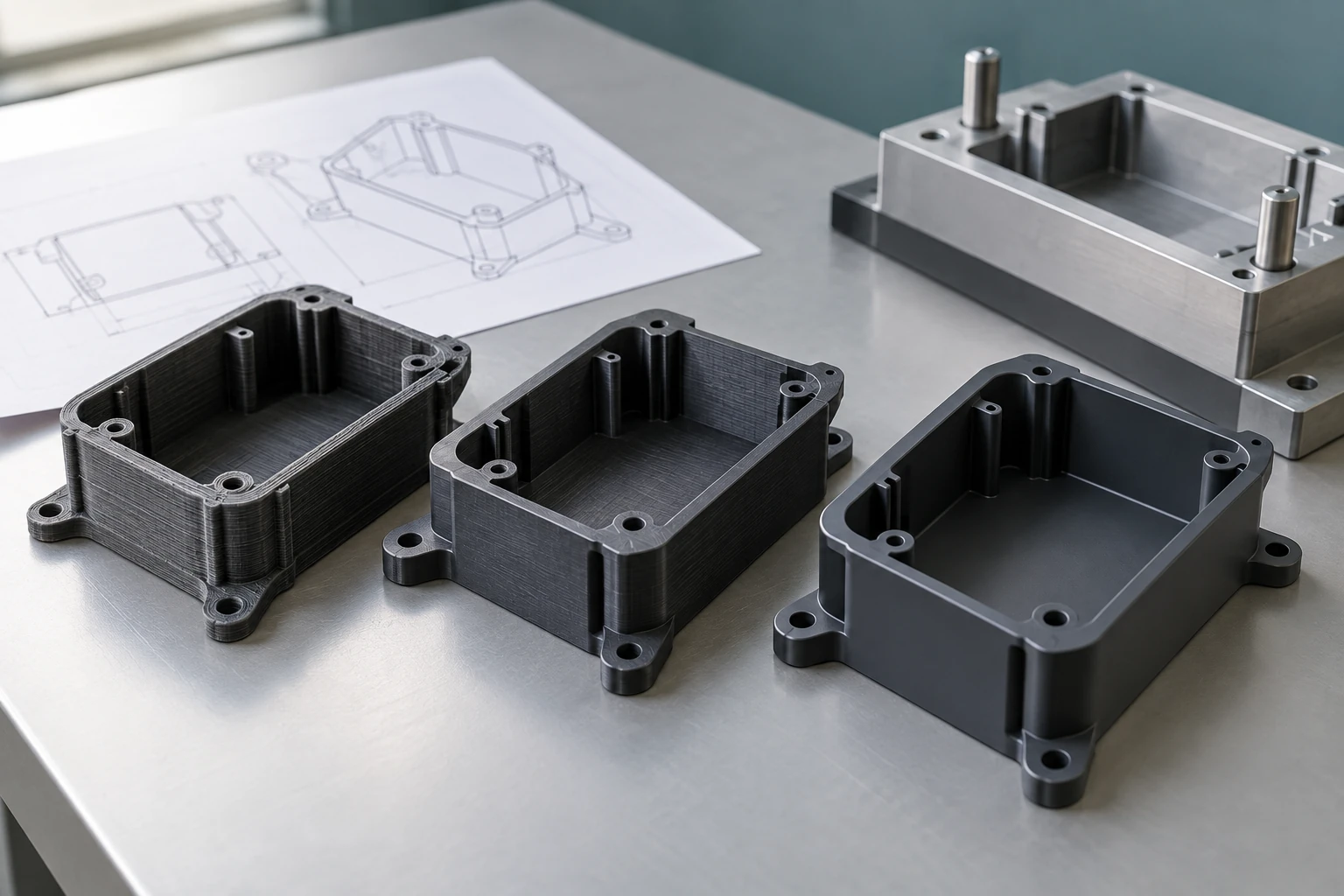 Three versions of a plastic housing beside a drawing and mold insert