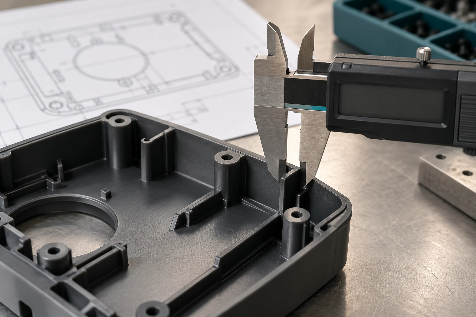 Caliper checking a plastic housing feature beside an engineering drawing