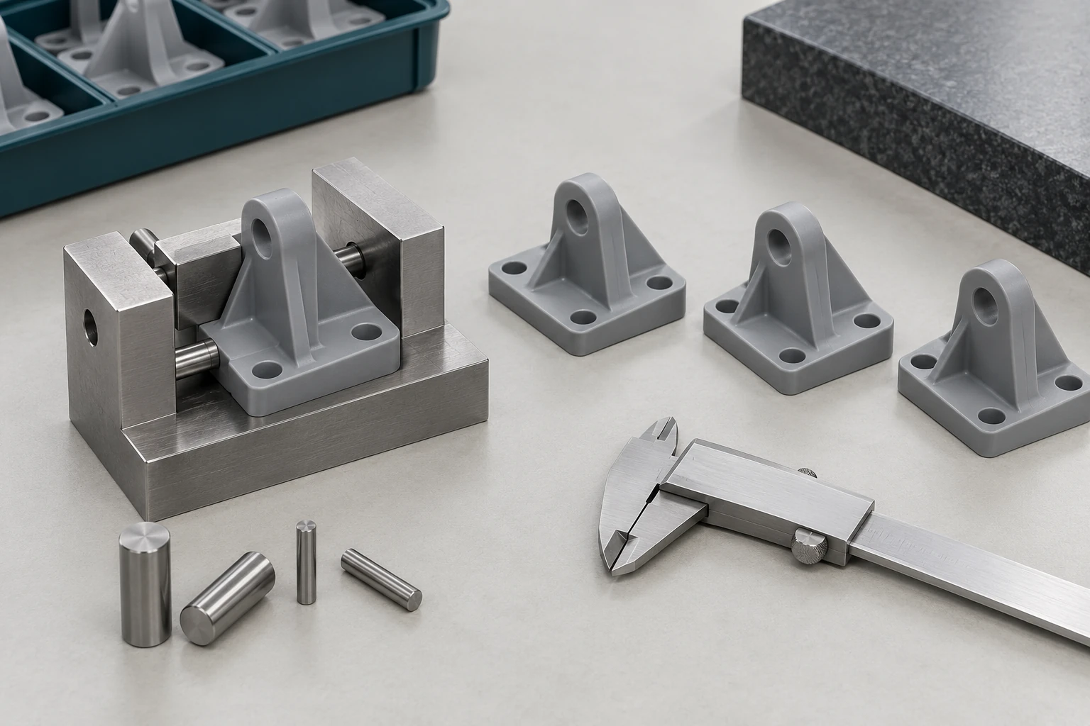 Molded plastic brackets beside a checking fixture and measuring tools