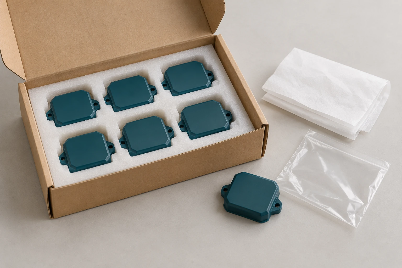 Plastic enclosure covers protected in a foam insert inside a plain carton