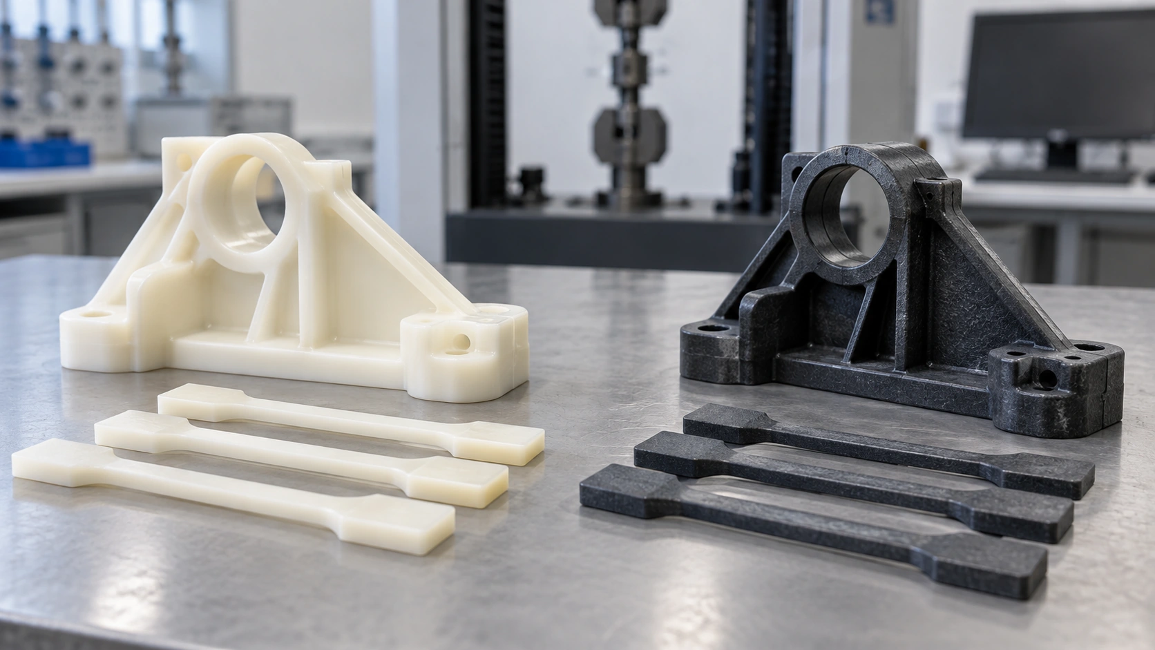 Unfilled nylon and glass-filled nylon molded samples with tensile test bars