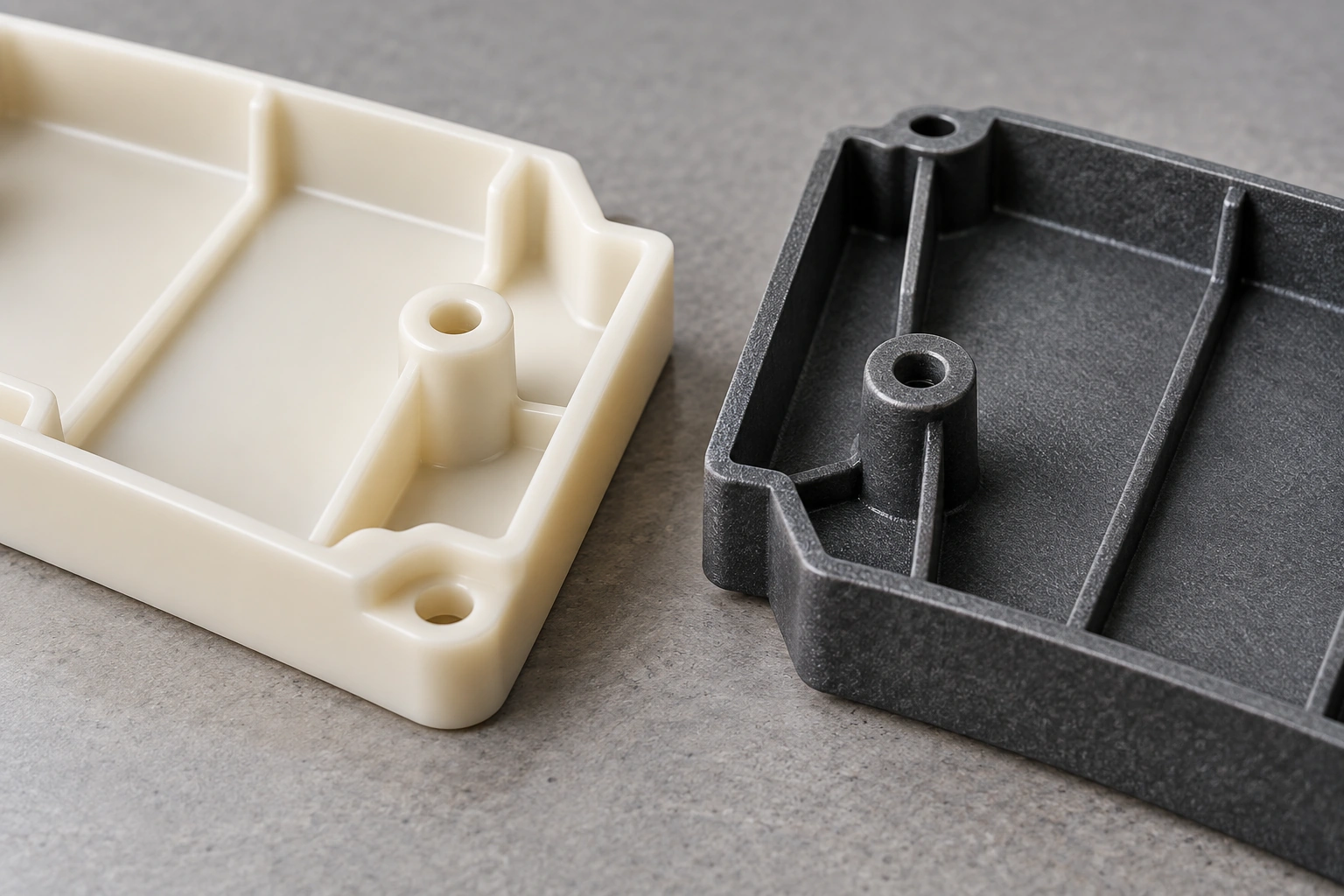 Smooth unfilled nylon housing beside textured glass-filled nylon housing