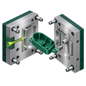 Illustration of an injection mold and molded plastic component