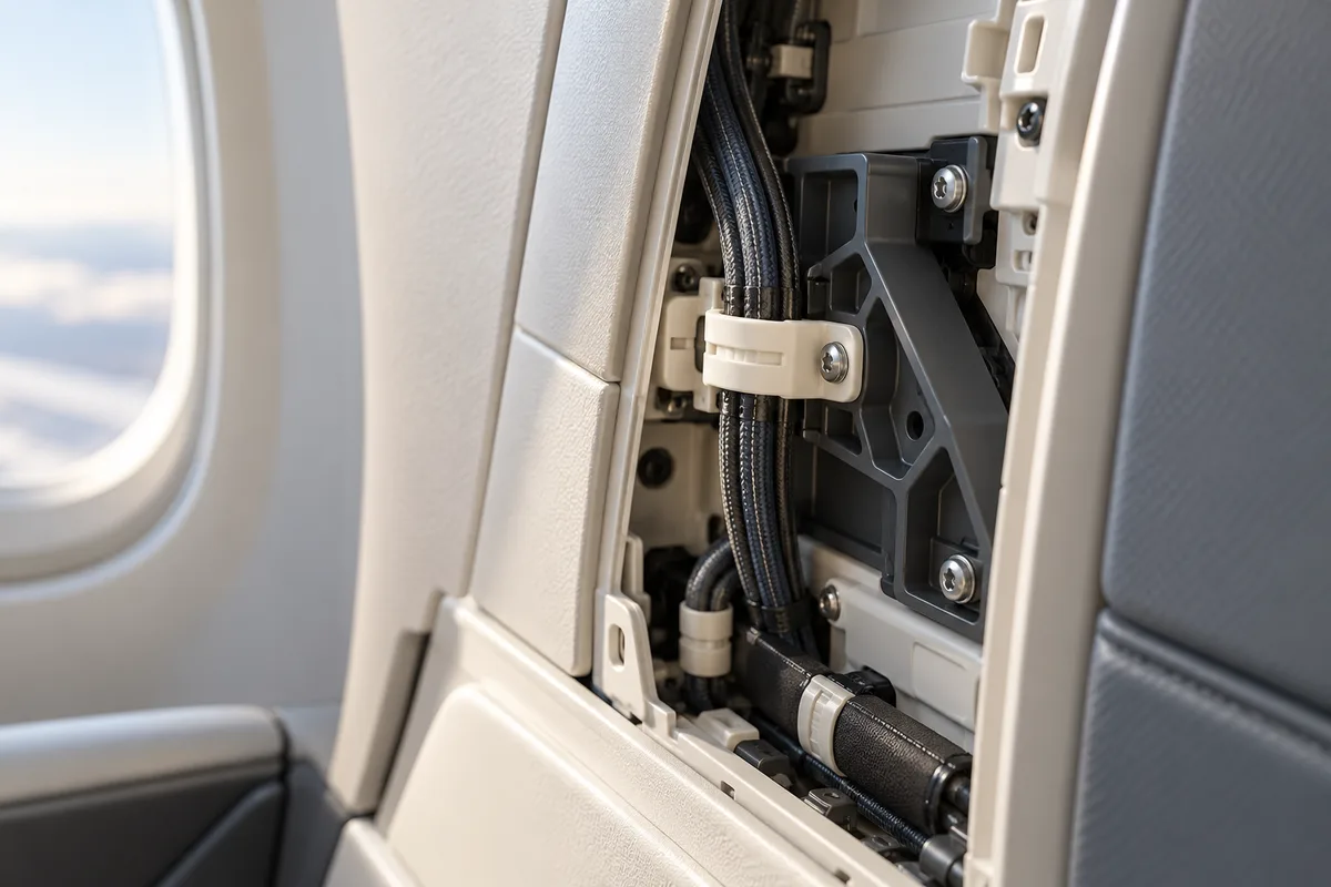 Aerospace Illustrative non-structural cabin panel showing a plastic cable guide and mounting interface
