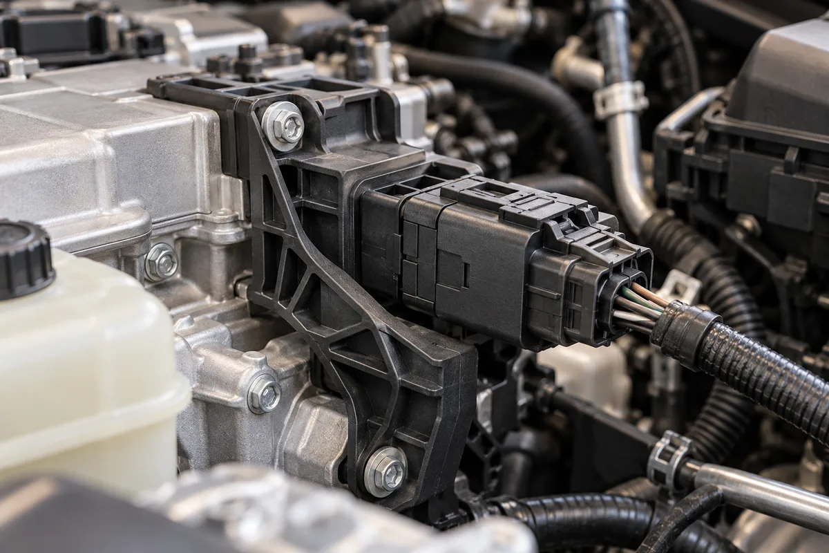 Illustrative automotive connector housing and plastic mounting bracket in an under-hood assembly