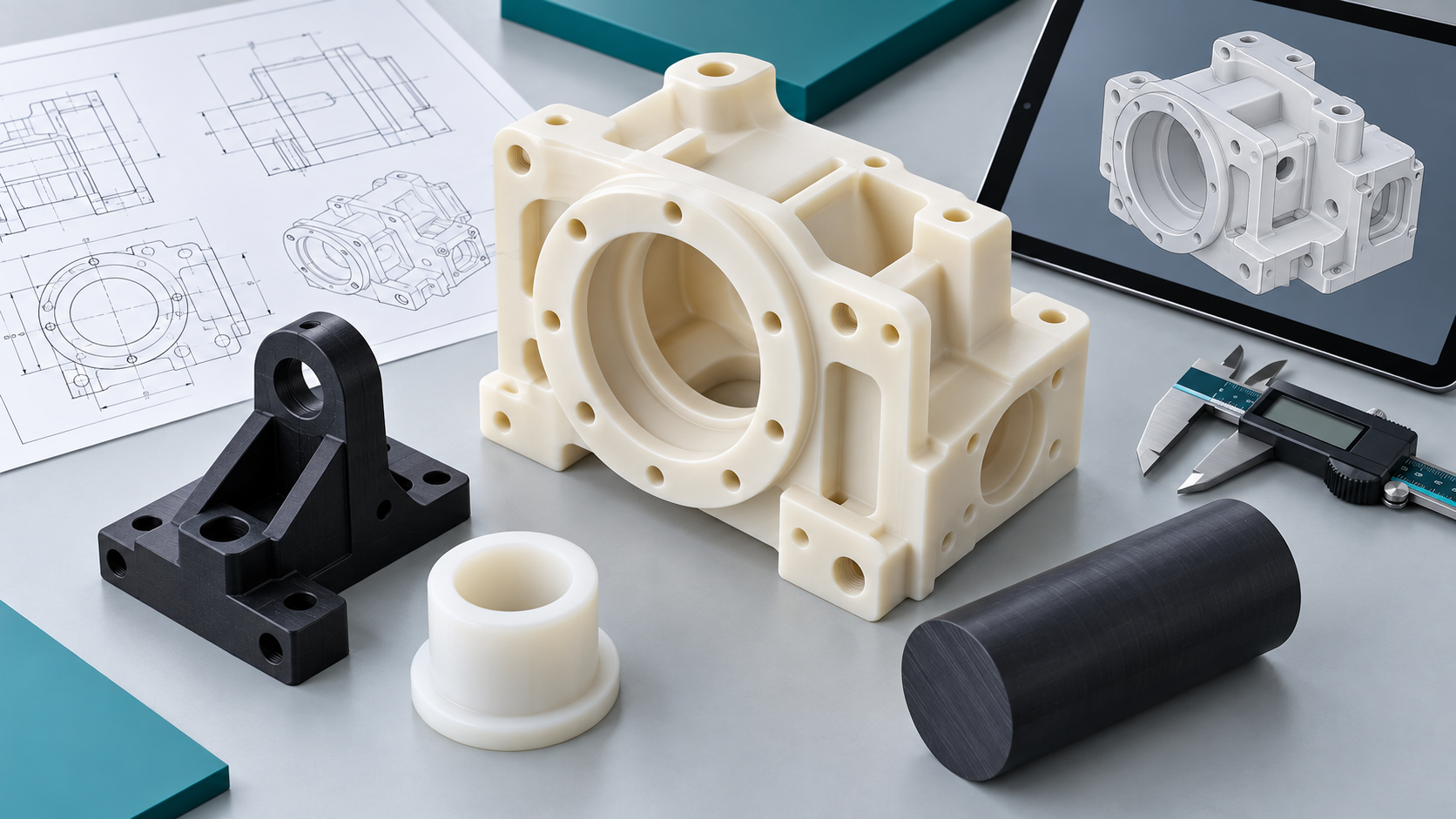 CNC Machining Quotes: Plastic Parts RFQ Guide Illustrative plastic housing, drawing, CAD model and measuring tools for a CNC quote review