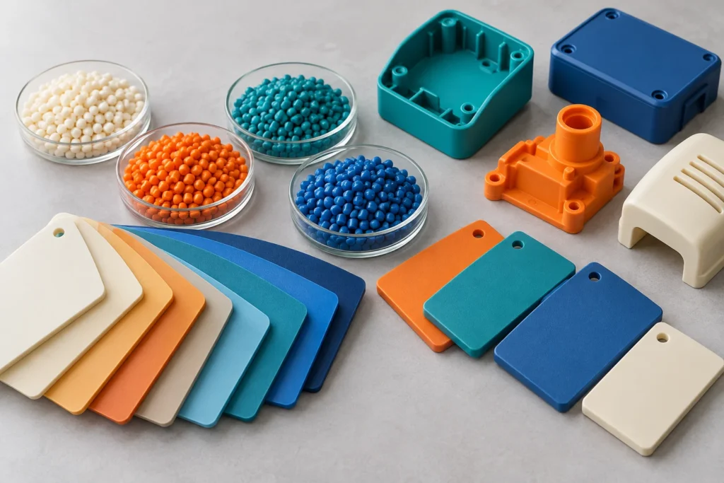 Illustrative color-matching samples, resin pellets and molded plastic housings