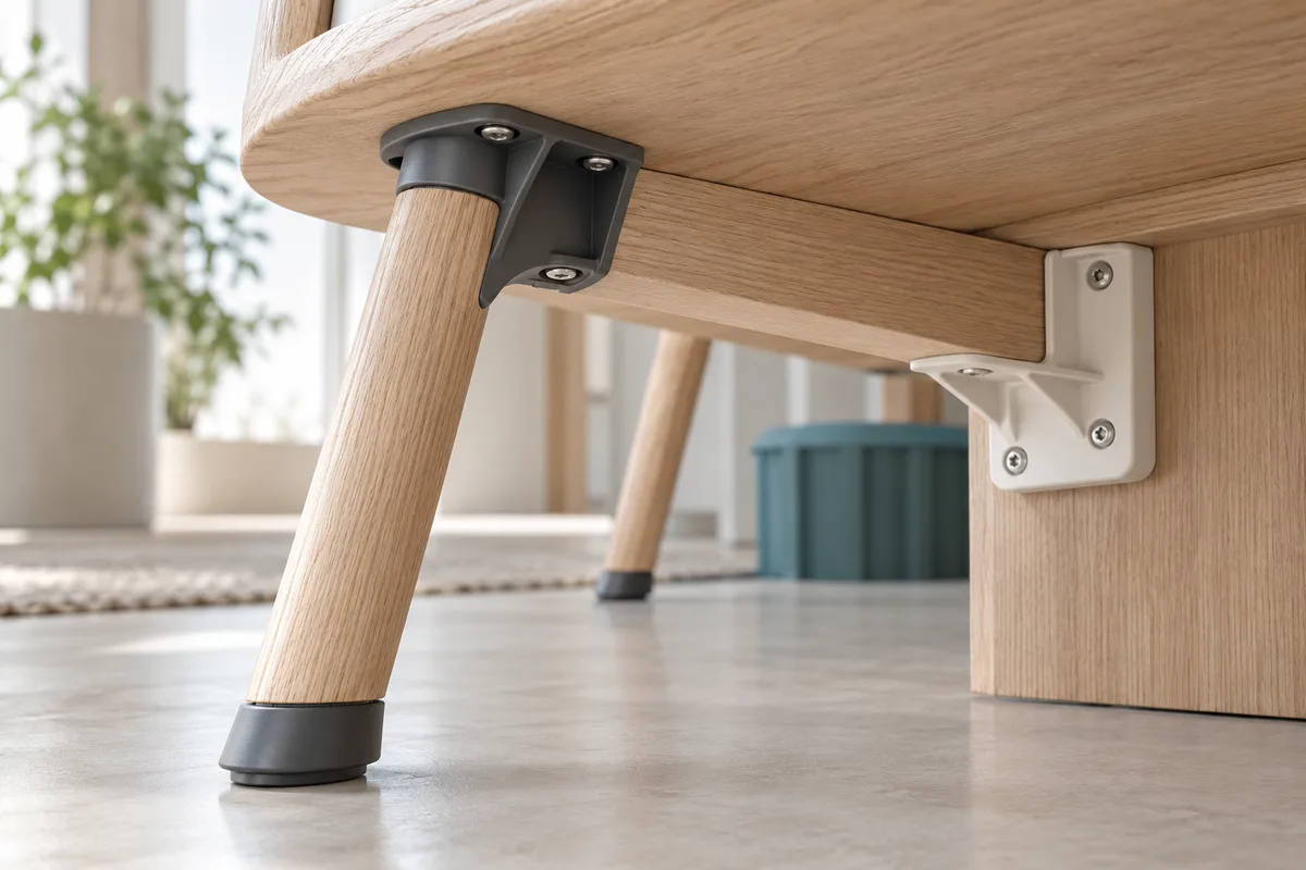 Illustrative molded furniture connectors and glides at an assembled furniture joint