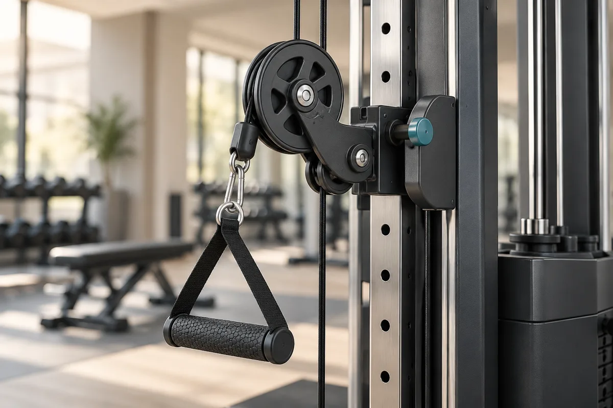 Gym Equipment Illustrative fitness equipment pulley, cable guide and adjustment components