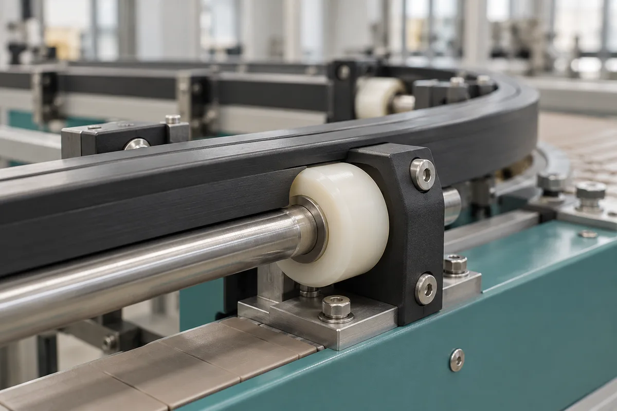 Industrial Equipment Illustrative polymer guide and bushing mounted in an industrial machine assembly