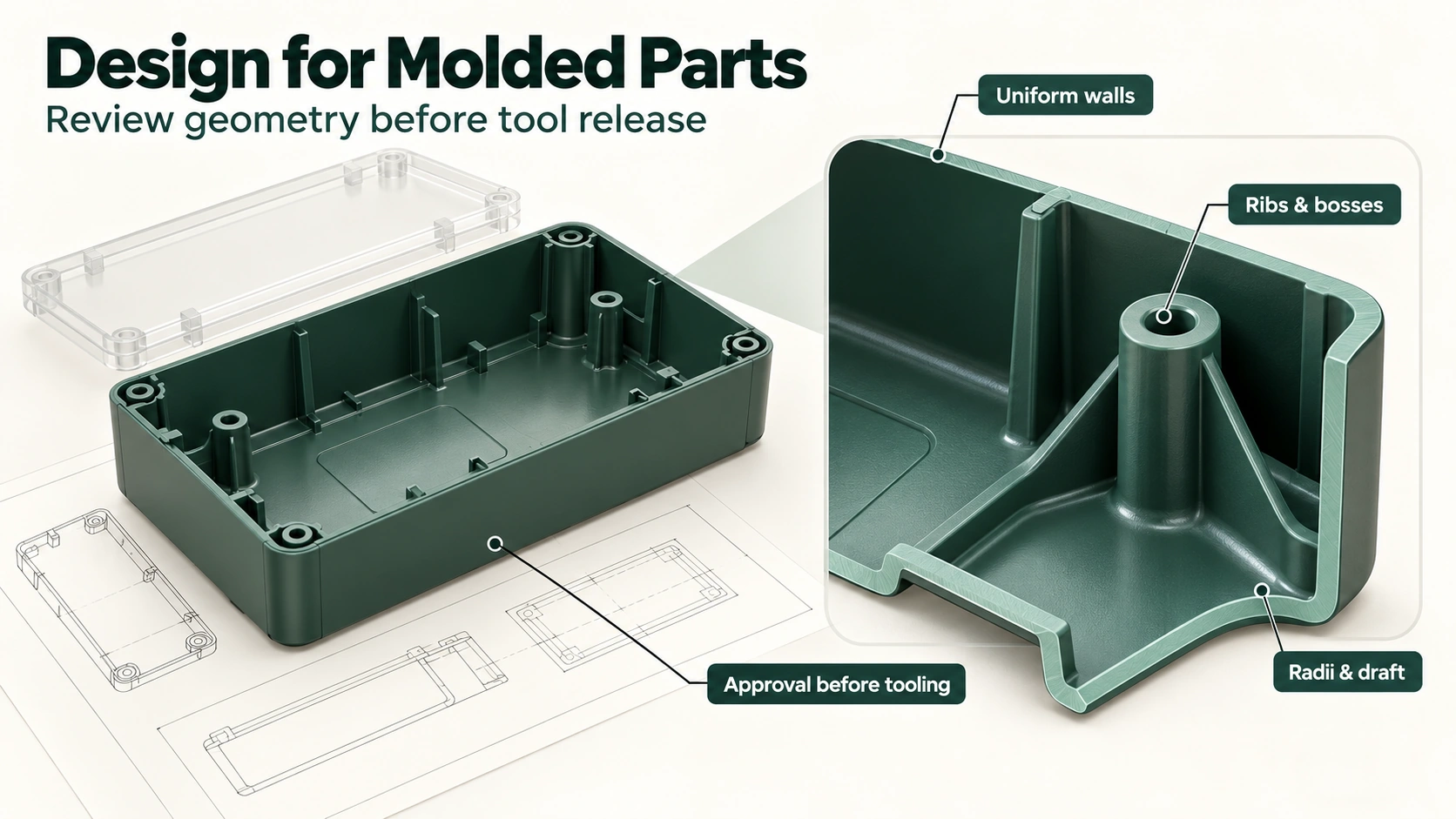 Plastic Part Design for Manufacturing — DFM Guidelines for Injection Molding Injection molding DFM illustration showing a plastic housing with uniform walls, ribs, cored bosses, radii and draft
