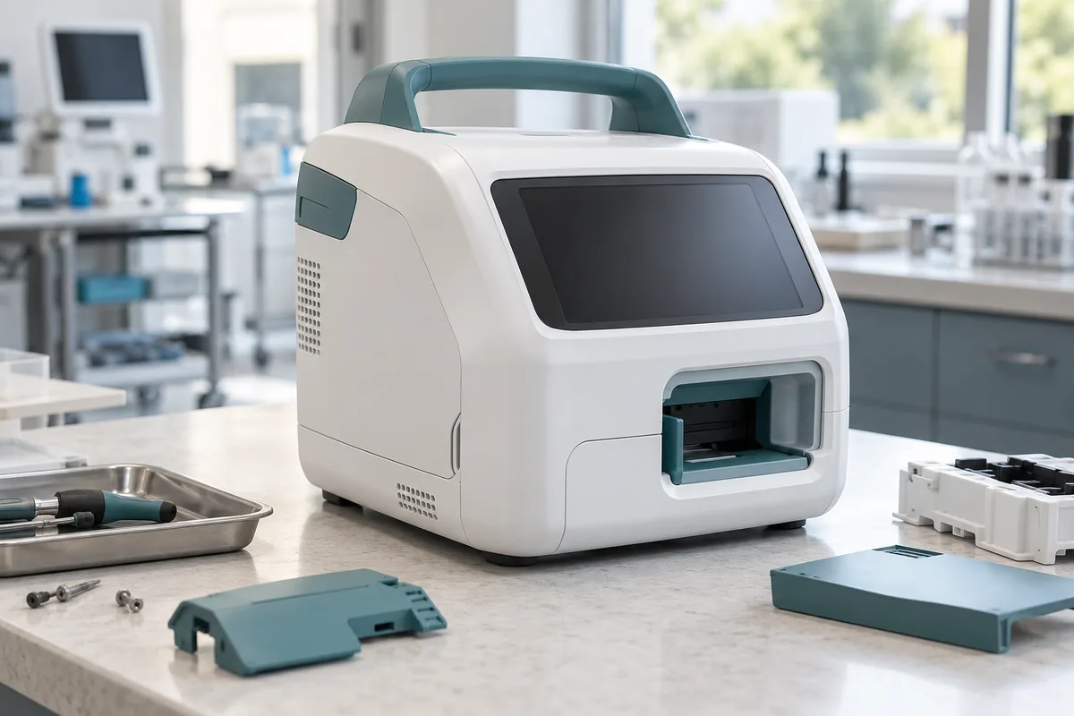 Illustrative diagnostic-device enclosure and cover assembly in a clean equipment workspace