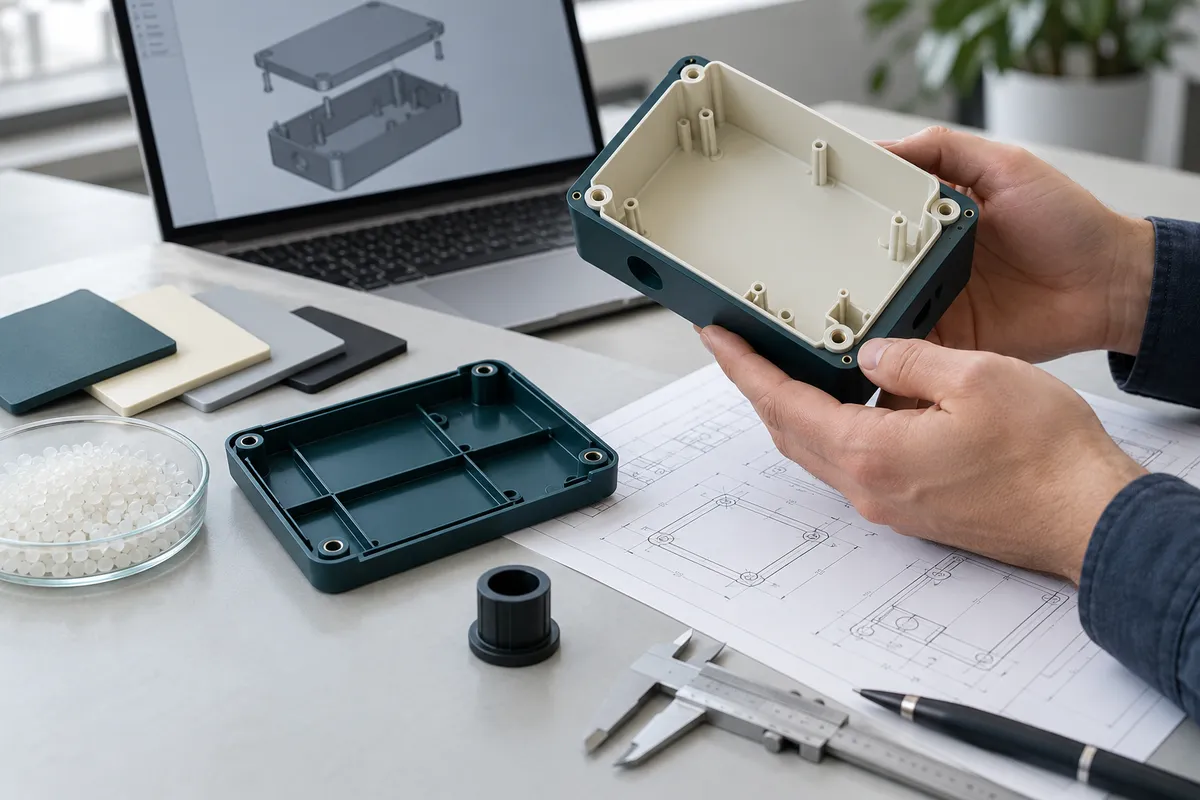 Aerospace Illustrative review of a molded housing, CAD drawing and material swatches