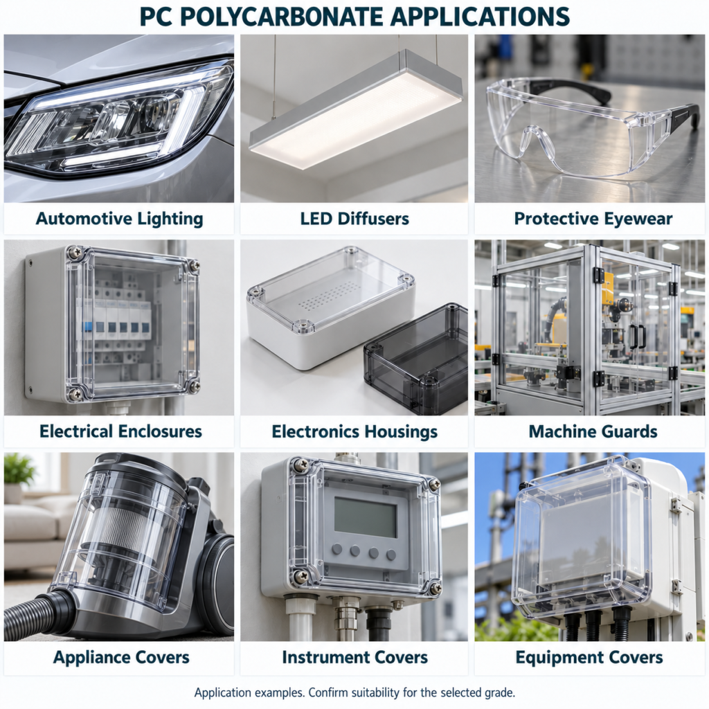 PC Polycarbonate Resin Pellets Nine illustrative PC polycarbonate application scenes: automotive lighting, LED diffusers, eyewear, electrical and electronics housings, machine guards, appliance covers, instruments and equipment covers