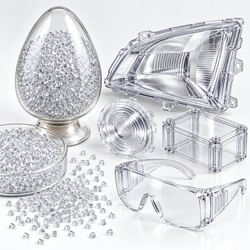 PC material 5 — Nylon Plastic Polycarbonate pellets and example transparent molded components