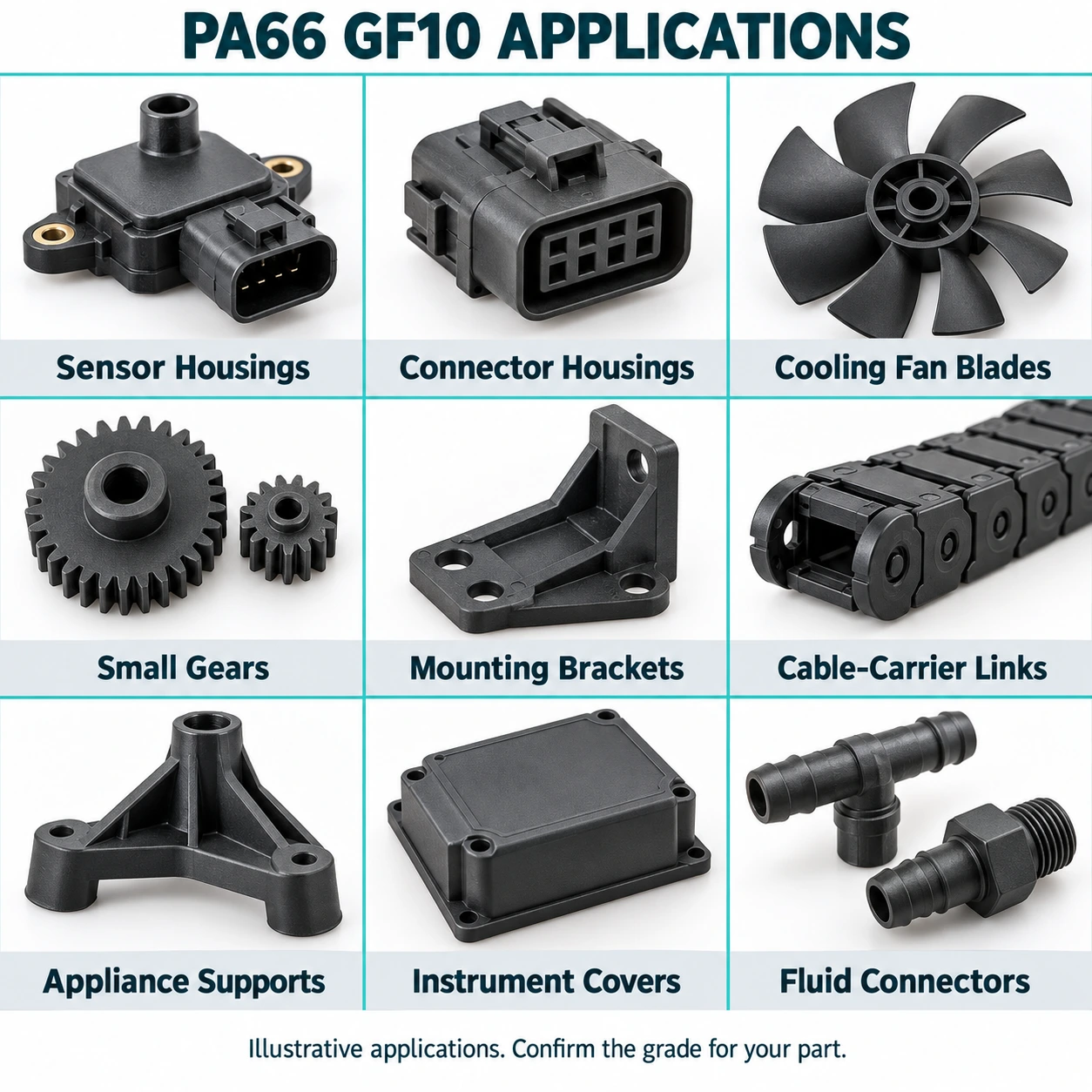 PA66 GF10 Glass Fiber Reinforced Nylon 66 Pellets Nine illustrative PA66 GF10 application and development examples; see the descriptions below