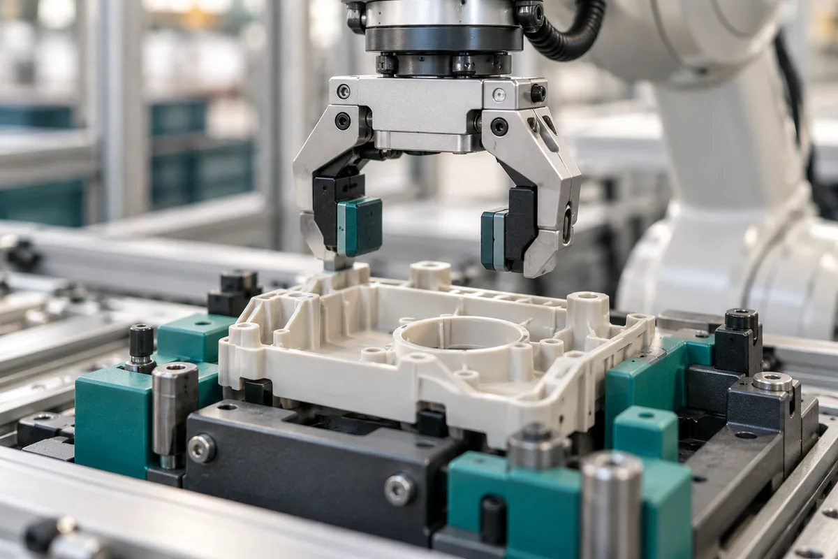 Illustrative robot gripper and molded housing in a part-handling fixture